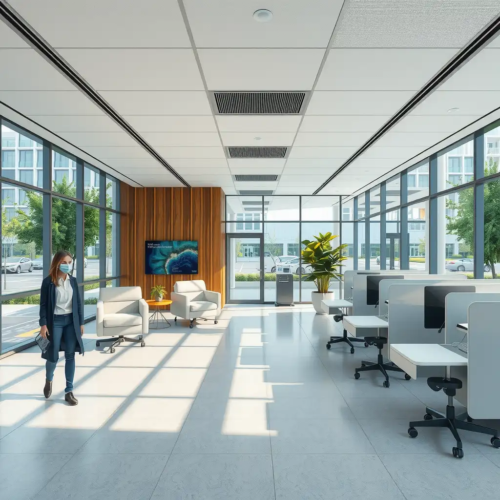 Futuristic healthcare facility in California, featuring advanced medical technology, interactive patient care areas, and diverse healthcare professionals collaborating with patients. The scene embodies hope and progress in modern healthcare.