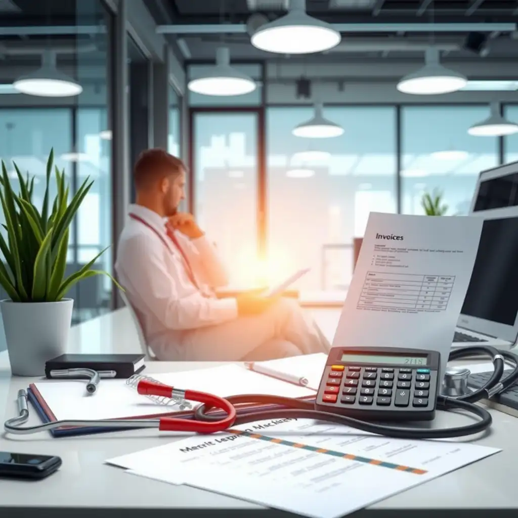 A modern office scene featuring organized financial documents, a sleek calculator, and a laptop with graphs, conveying professionalism and clarity in healthcare finance.