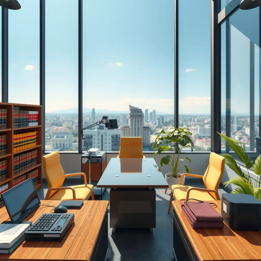 A sophisticated legal office featuring law books, documents related to healthcare factoring, and views of California's landscape, conveying professionalism and trust.