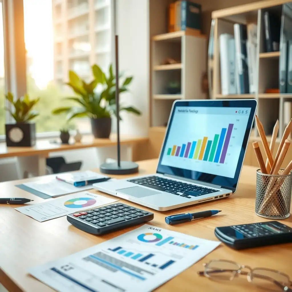 A professional bookkeeping office for healthcare factoring, featuring organized financial documents, a computer with data analytics, and medical-themed decor, all complemented by greenery for a productive atmosphere.