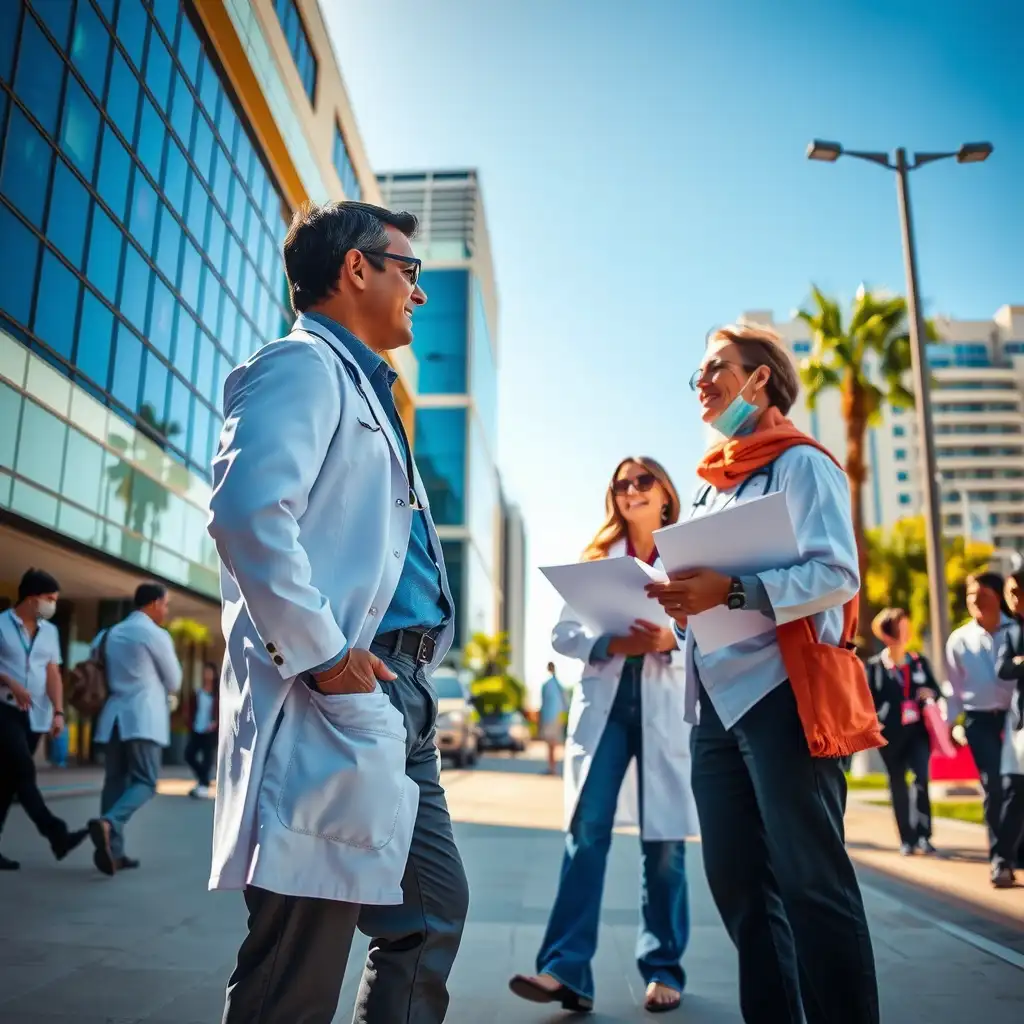 A vibrant urban healthcare scene featuring professionals in discussion, patients receiving care, and elements symbolizing financial transactions, highlighting innovation and efficiency in California's healthcare system.