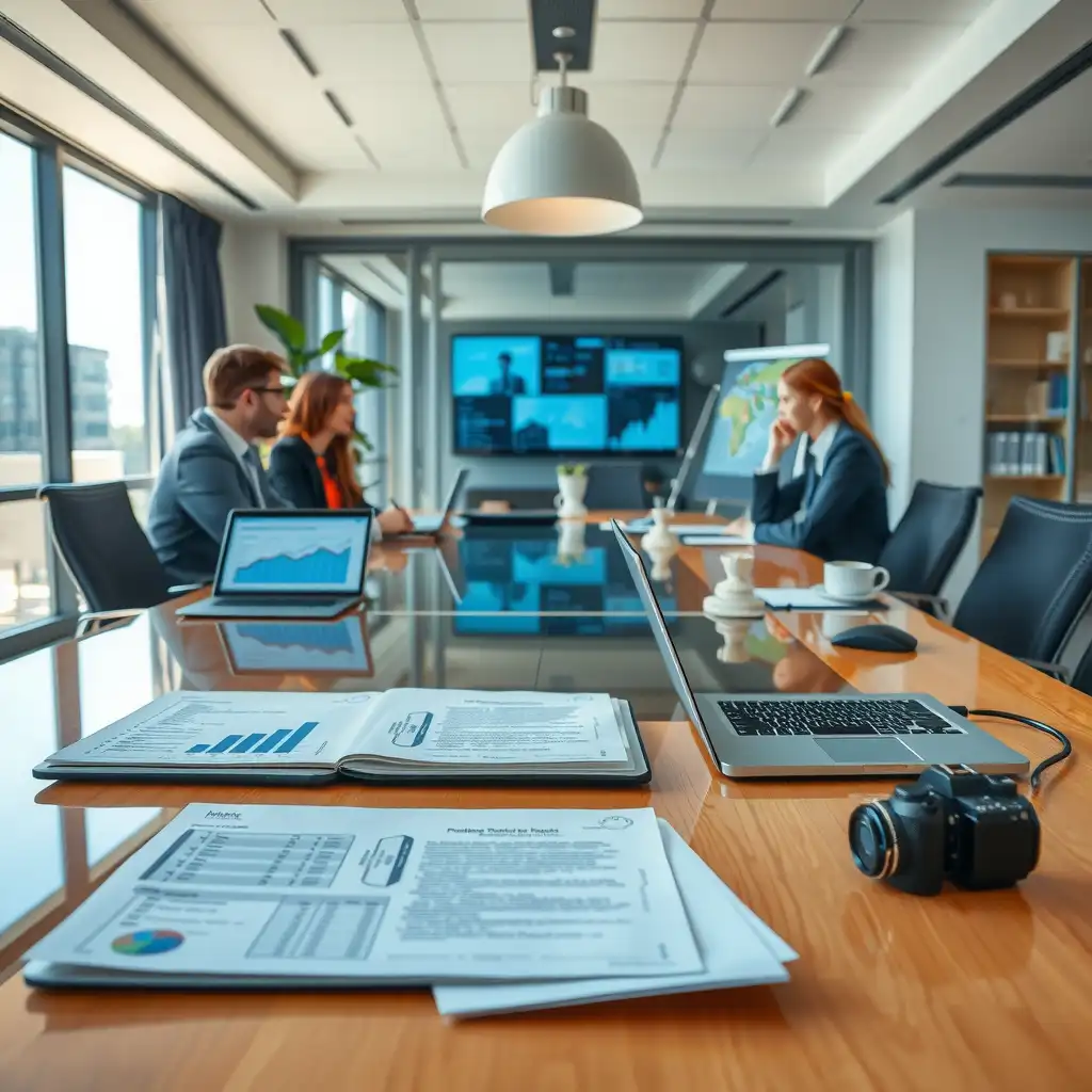 A professional office workspace featuring a sleek desk with documents, a laptop displaying financial graphs, and a cup of coffee. A potted plant adds a touch of warmth, illuminated by soft natural light.