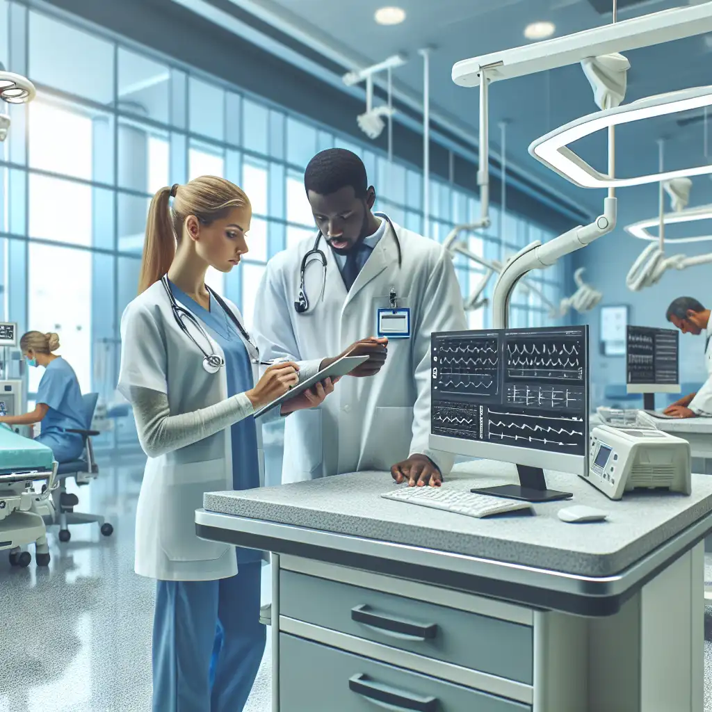 A modern office environment with healthcare professionals engaged in discussions about financial solutions, featuring polished surfaces, advanced technology, and vibrant greenery through large windows.