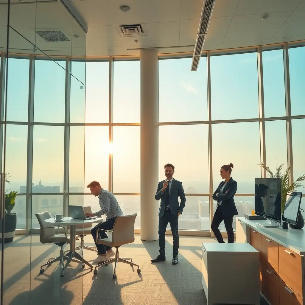 Modern office space representing healthcare financing companies in California, featuring sleek desks, advanced technology, and diverse professionals engaged in discussions, all conveying innovation and a supportive environment.